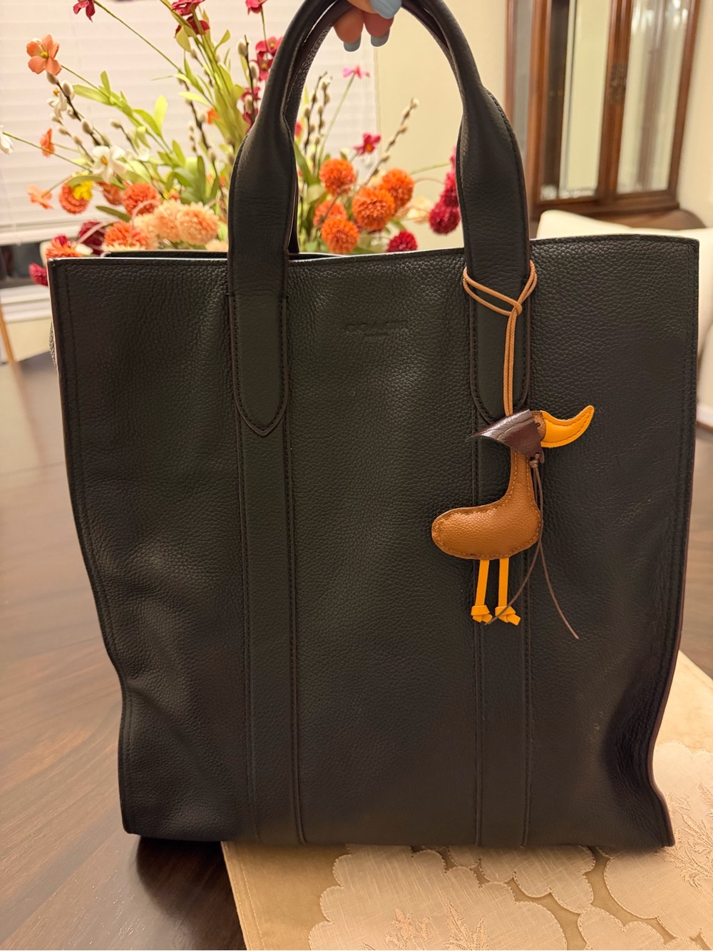 Black Leather Men’s / Women’s Tote Bag with Brown Duck Charm (charm is not coach